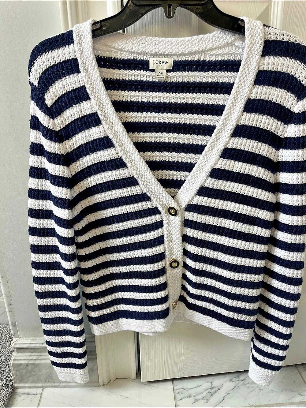 J.Crew Striped Button-Front Cardigan with Gold Buttons Blue & White XS